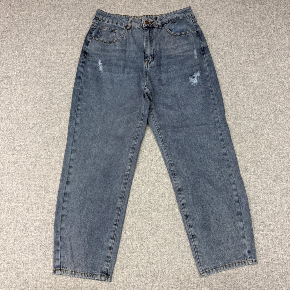 SHEIN Distressed Mom Jeans Large Blue High Waisted Ripped Tapered Denim Pants